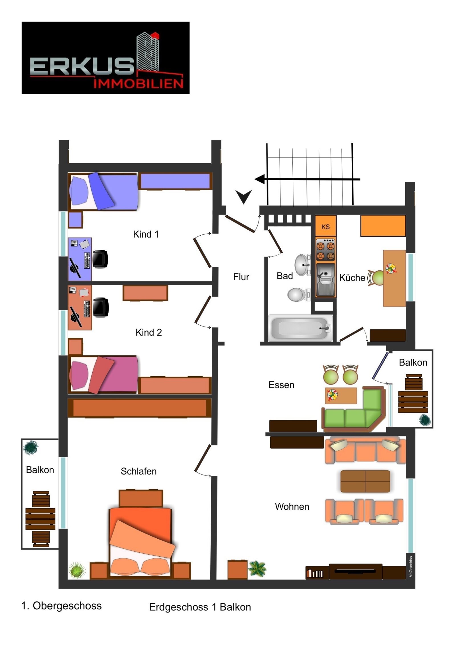 Grundrissplan für EG und 1. OG (Erdgeschoss nur mit einem  Balkon)